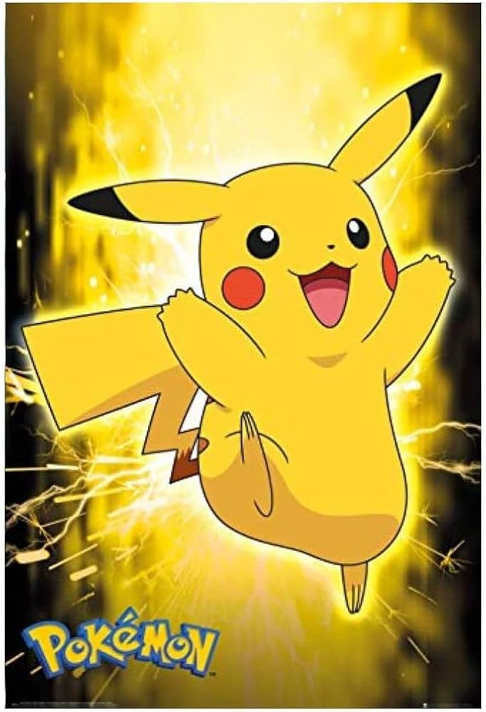 Pikachu poster artwork surrounded by glowing yellow electricity.
